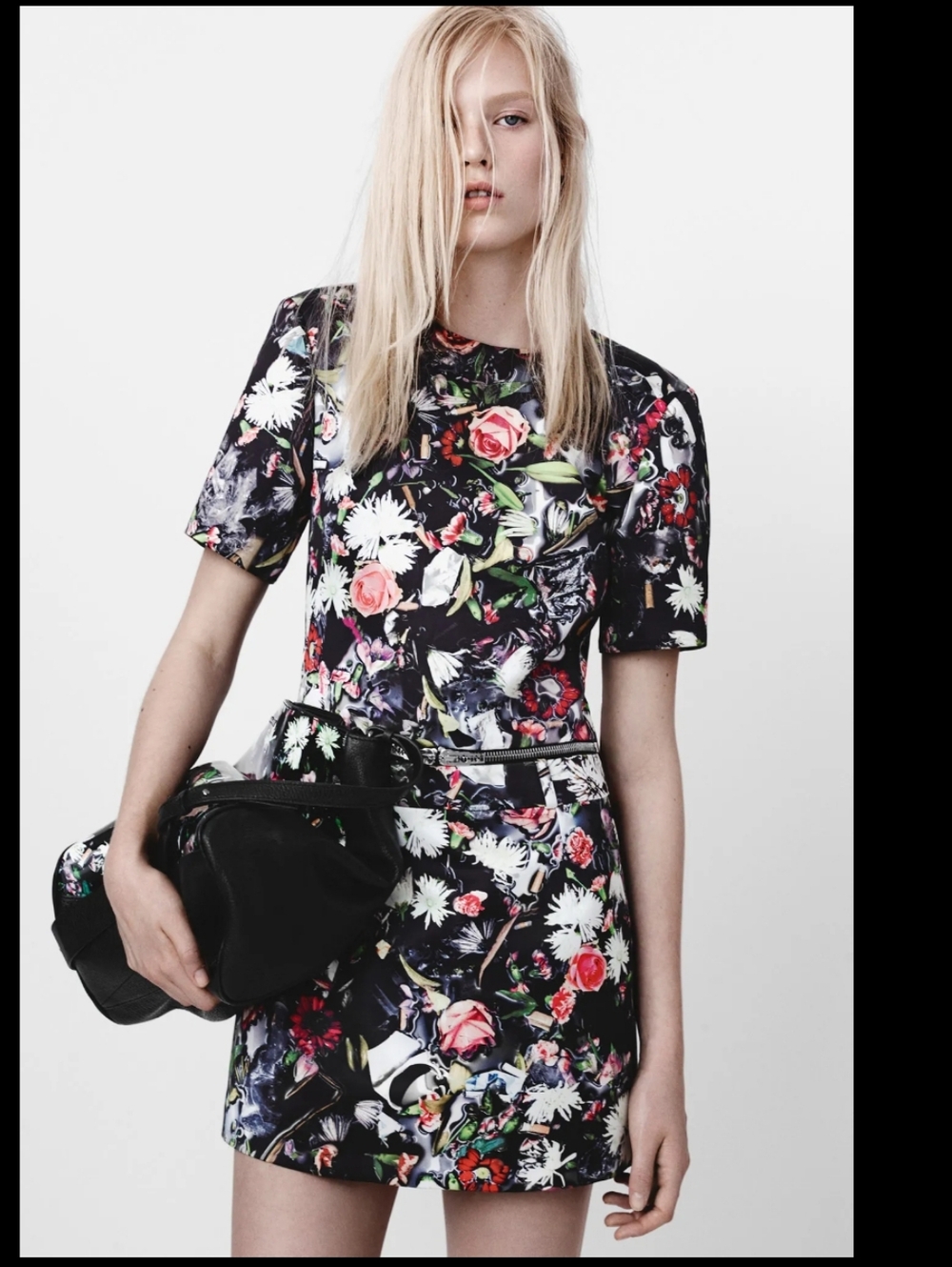 Alexander McQueen Black Floral Mini Dress with Pink Roses and White Daisies